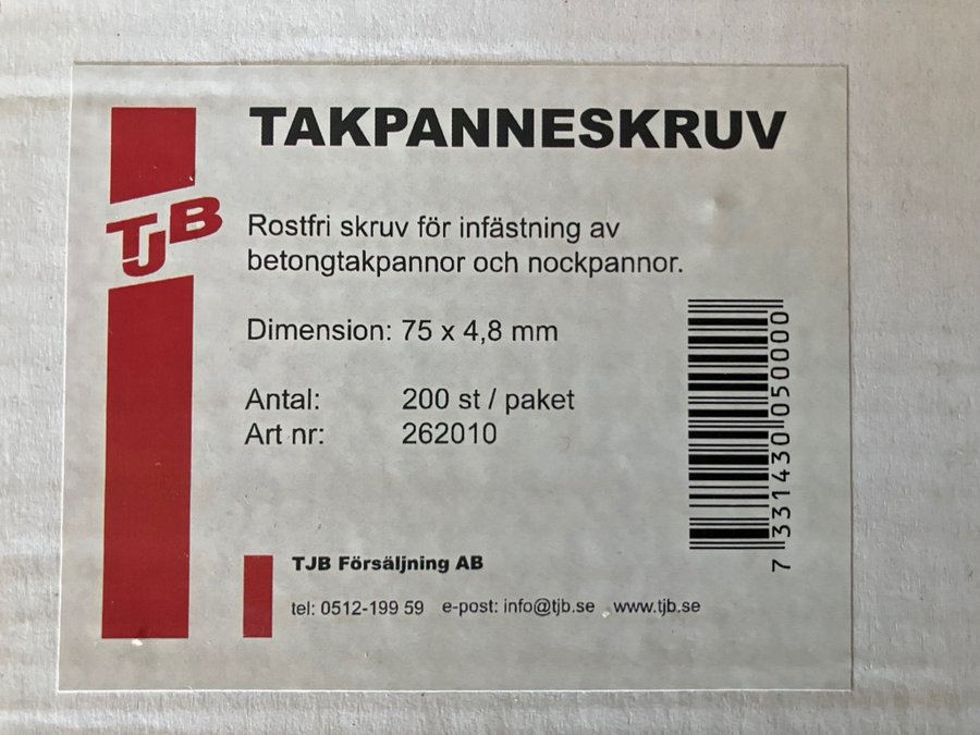 TJP takpanneskruv rostfri 75 x 48 mm 200 st NYTT!