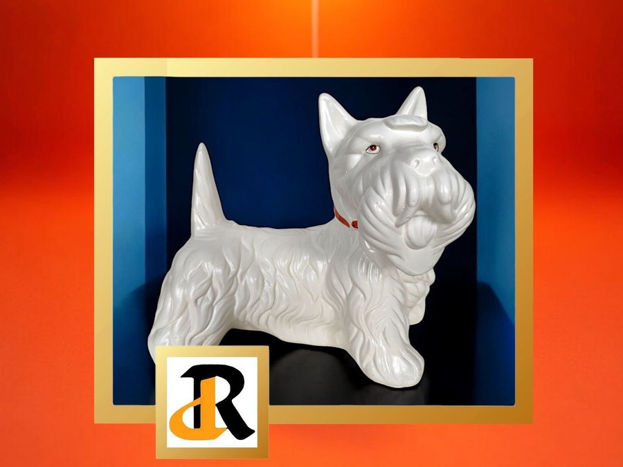 Stor vintage keramik staty av en skotsk terrier, White Skottland terrier