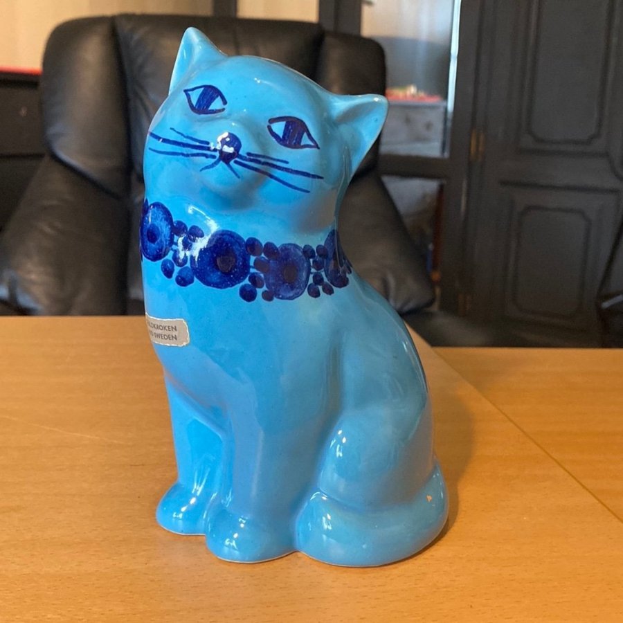 Blå Keramik Katt Figur