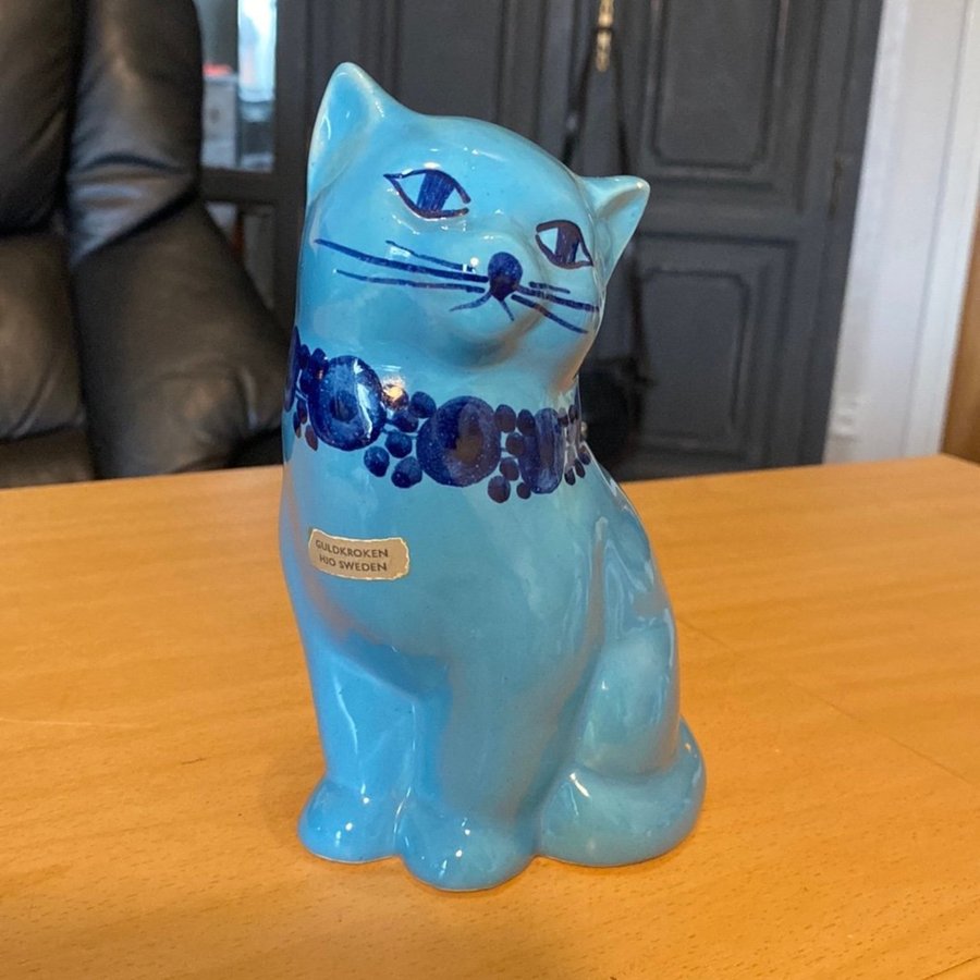 Blå Keramik Katt Figur