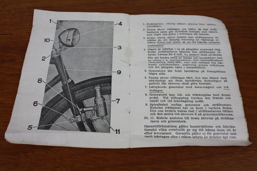 ASEA Cykelljus Model 512, instruktion, 1948