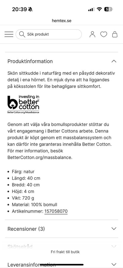 4 st Hemtex stolsdynor natur helt nya