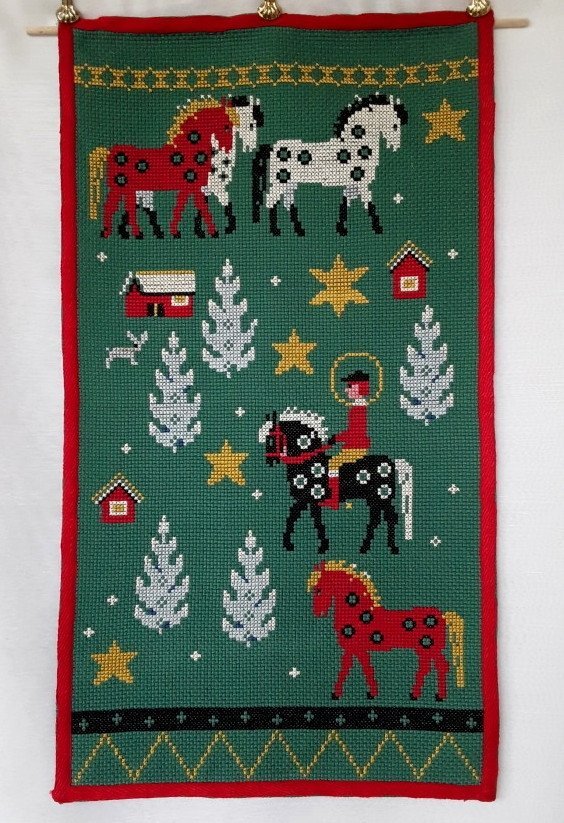 Äldre broderad bonad / julbonad - Hästar / Allmoge - Retro Vintage