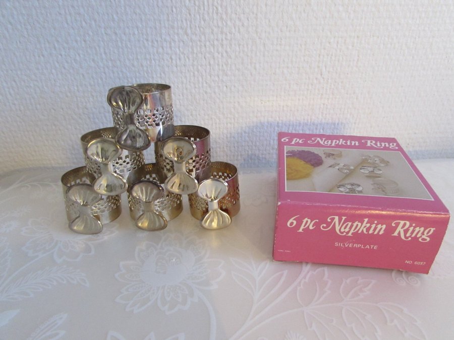 6 servettringar rosett silverpläterat originalkartong napkin rings silver plated