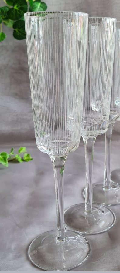 VINTAGE Champagneglas 4st RETRO Glas med Handslipade Ränder Höjd: 23 cm MKT FINA