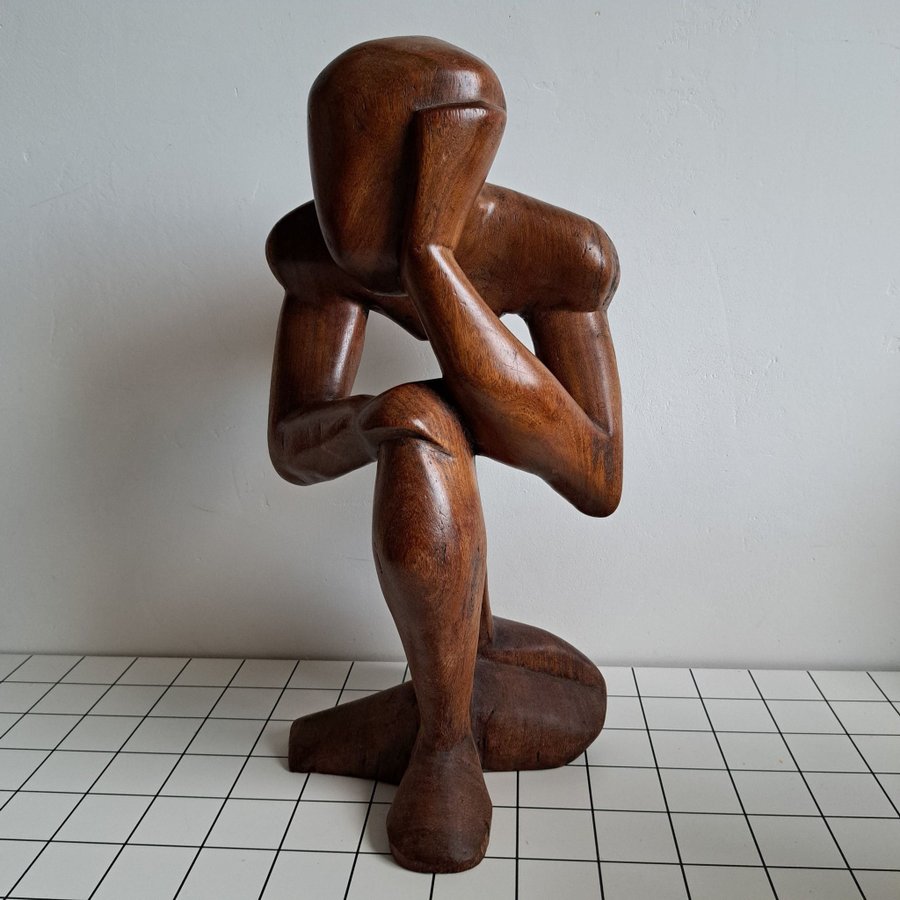 Vintage large abstract wooden sculpture of the thinker from the 80s