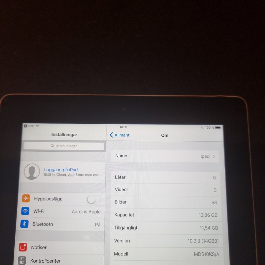 iPad 4:e generationen 16 GB. Modellen är A1458 Bud från 1kr