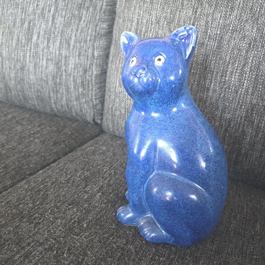 Blå Keramik Katt Figur