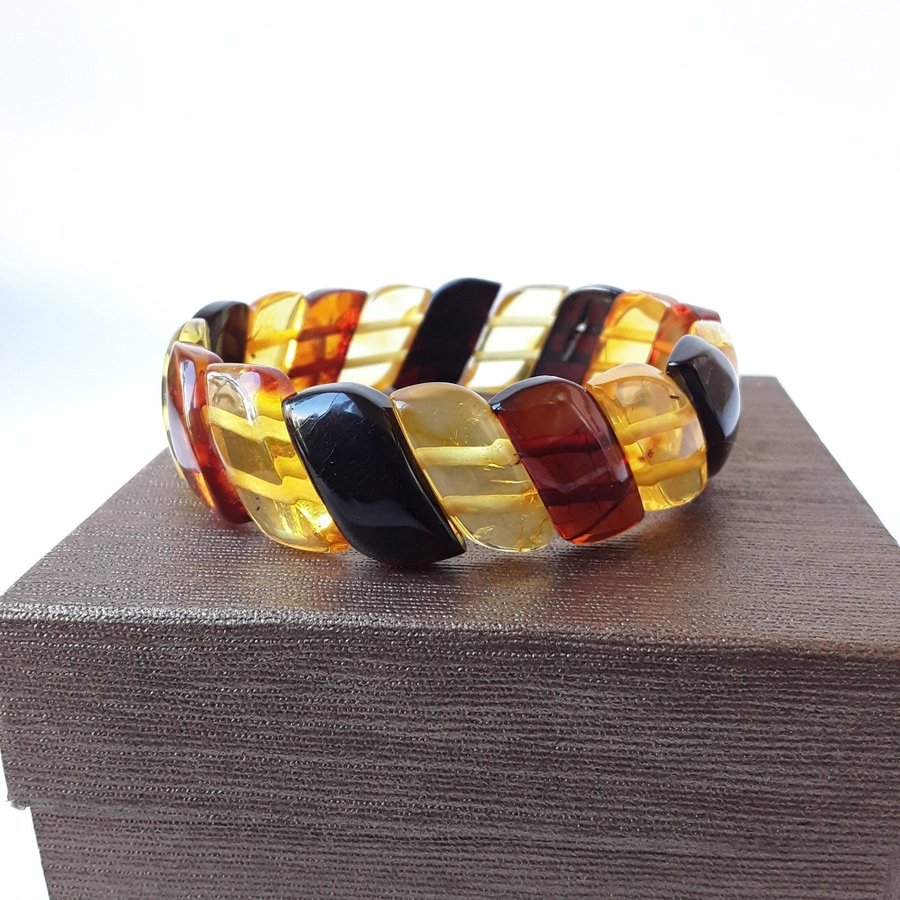 Baltic amber gem bracelet Multicolor stretchy wide amber bracelet women jewelry