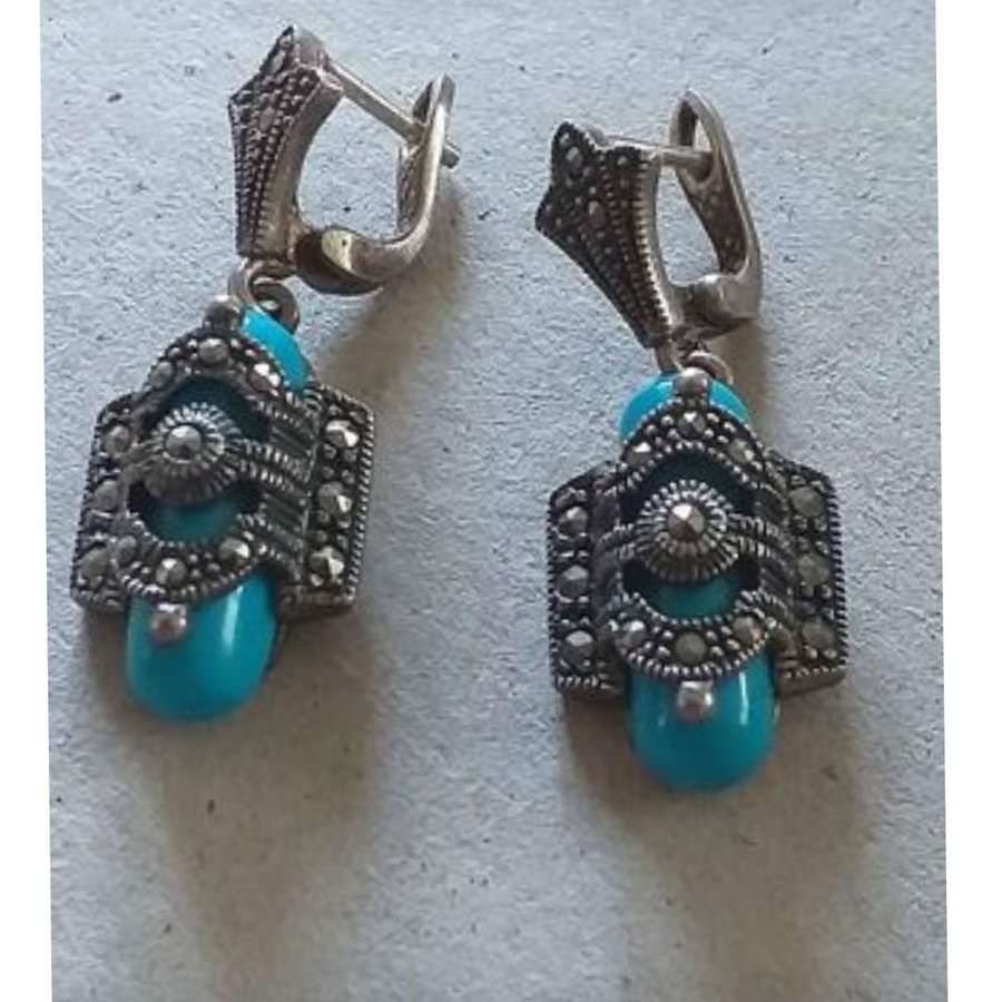 Äkta Exklusiv silver turquoise MARCASITE örhängen