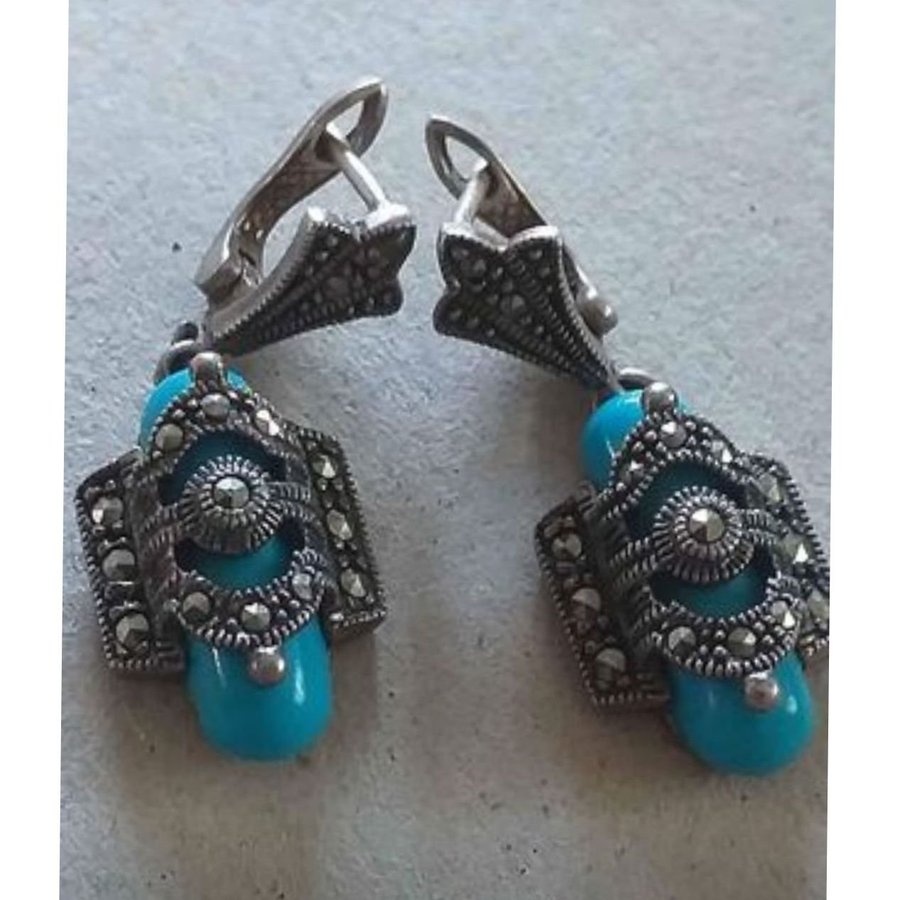 Äkta Exklusiv silver turquoise MARCASITE örhängen