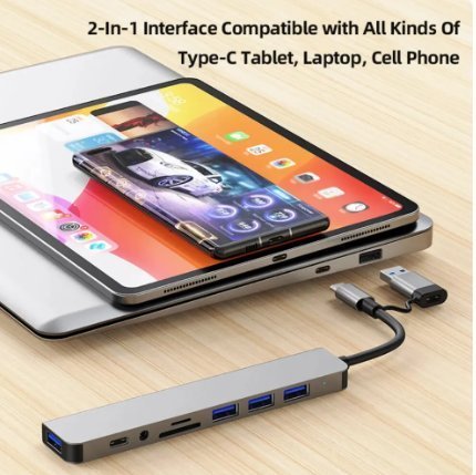 8 i 1 USB-förlängare med 4 USB-portar 1 USB C-port TF/SD