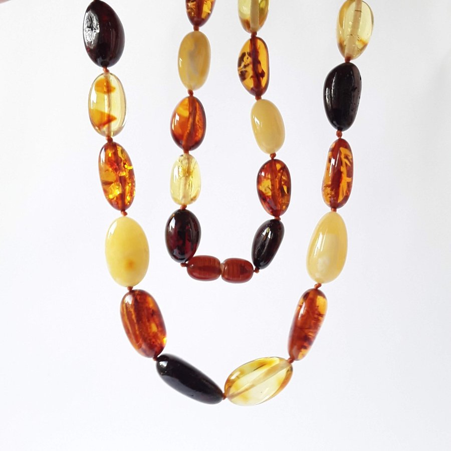 Oval Baltic amber beads necklace, Multicolor gemstone classic necklace for women