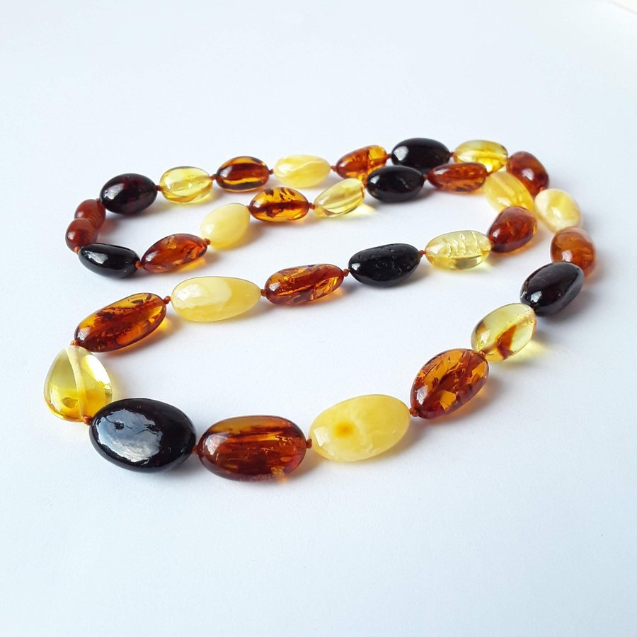 Oval Baltic amber beads necklace, Multicolor gemstone classic necklace for women