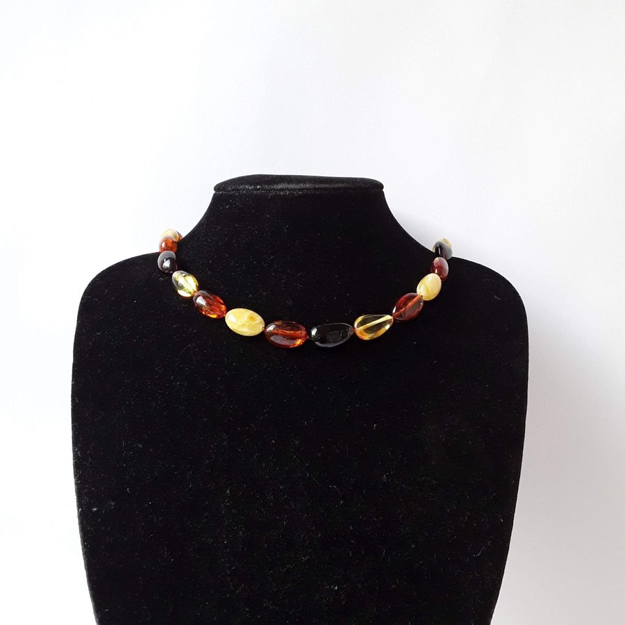 Oval Baltic amber beads necklace, Multicolor gemstone classic necklace for women