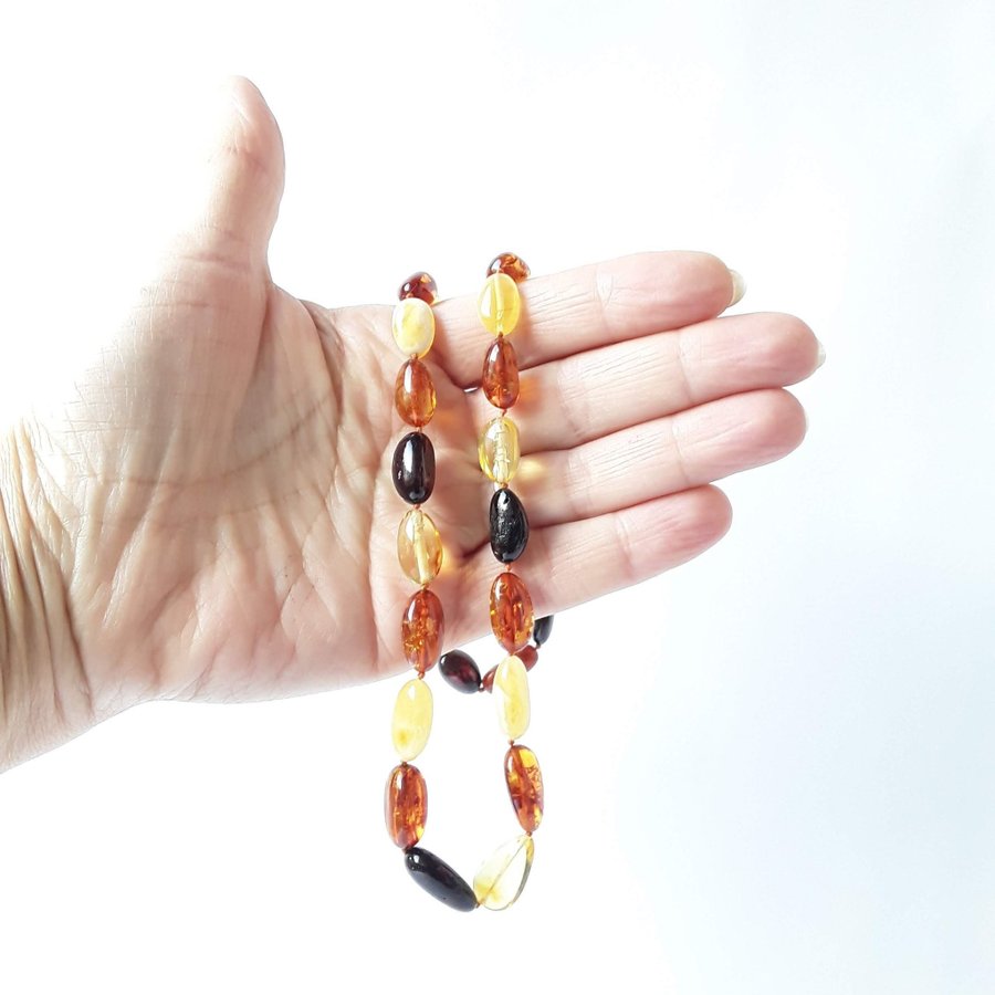 Oval Baltic amber beads necklace, Multicolor gemstone classic necklace for women