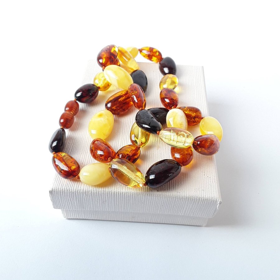 Oval Baltic amber beads necklace, Multicolor gemstone classic necklace for women