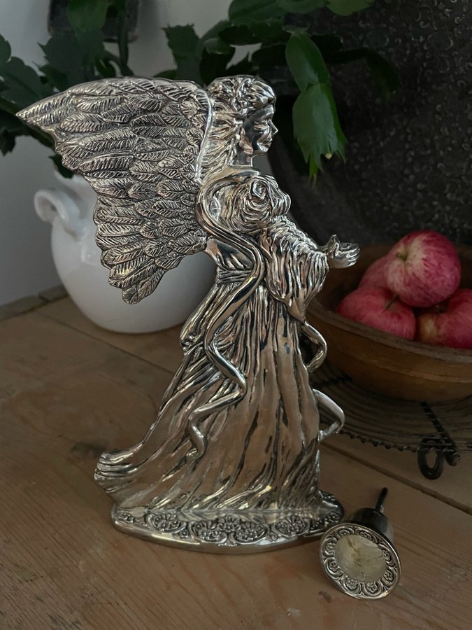 Retro stor ljusstake, ”silver”, 20 cm h, ängel/skyddsängel, jul, advent