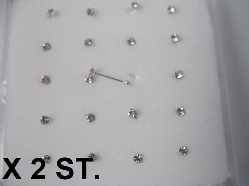 Obs 2 st Näspiercing i Silver Med kloinfattad 1,5 mm vit strass