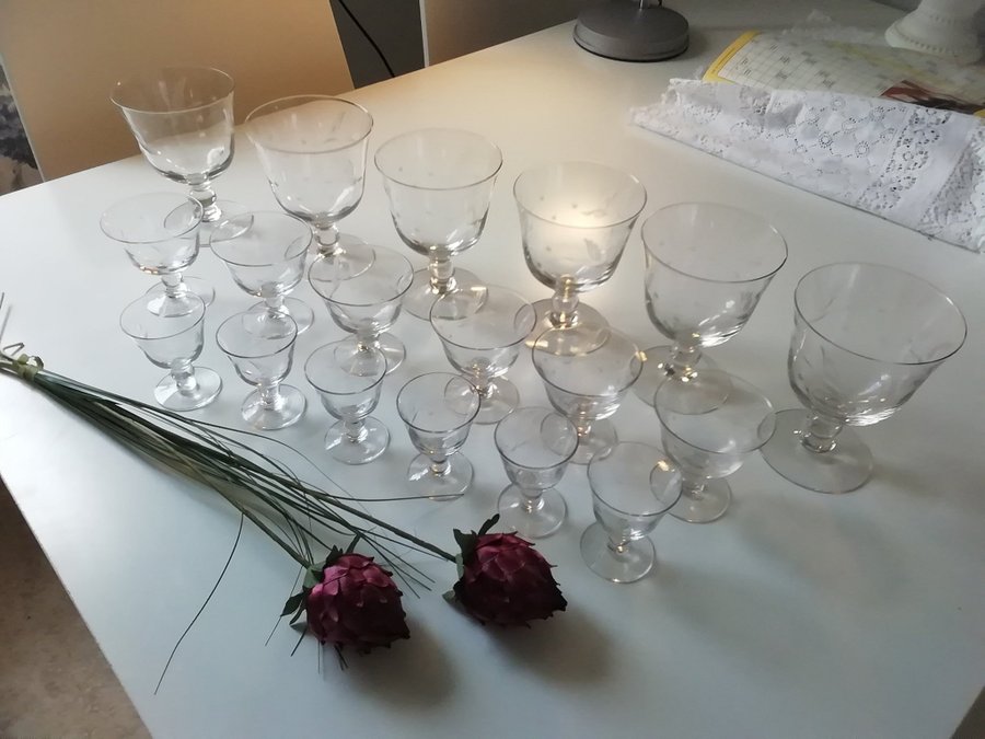 18 st underbara antika vinglas Glas med fågelmotiv vintage inredningsdetalj