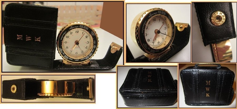 RARE! "MWK" WORLDTIME TRAVELER CLOCK IN "LEATHER"CASE-WORKING PERFEKT MINT cond!