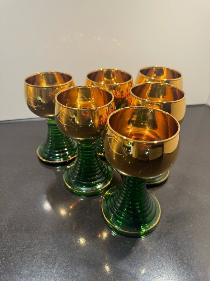 6 st Green Gold Roemer Wine Goblets Made in Germany