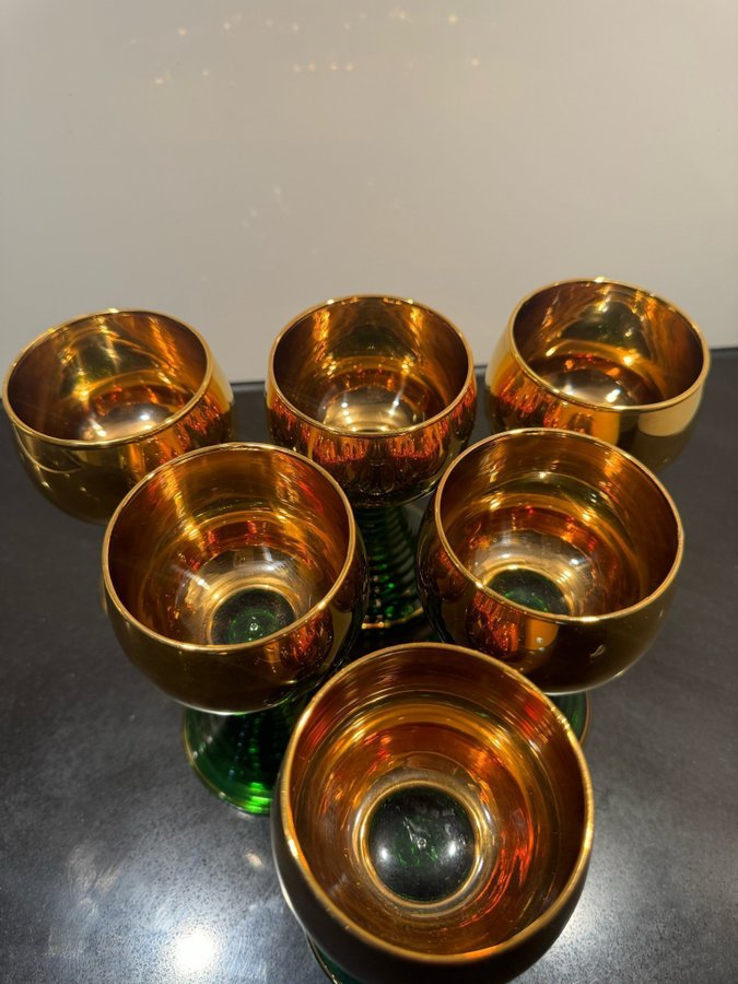 6 st Green Gold Roemer Wine Goblets Made in Germany