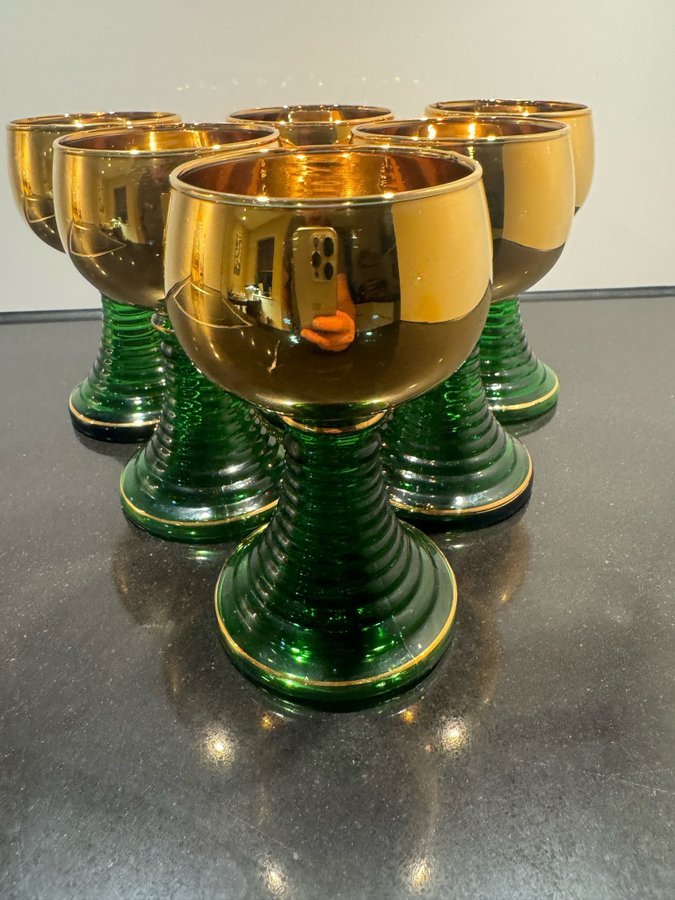 6 st Green Gold Roemer Wine Goblets Made in Germany