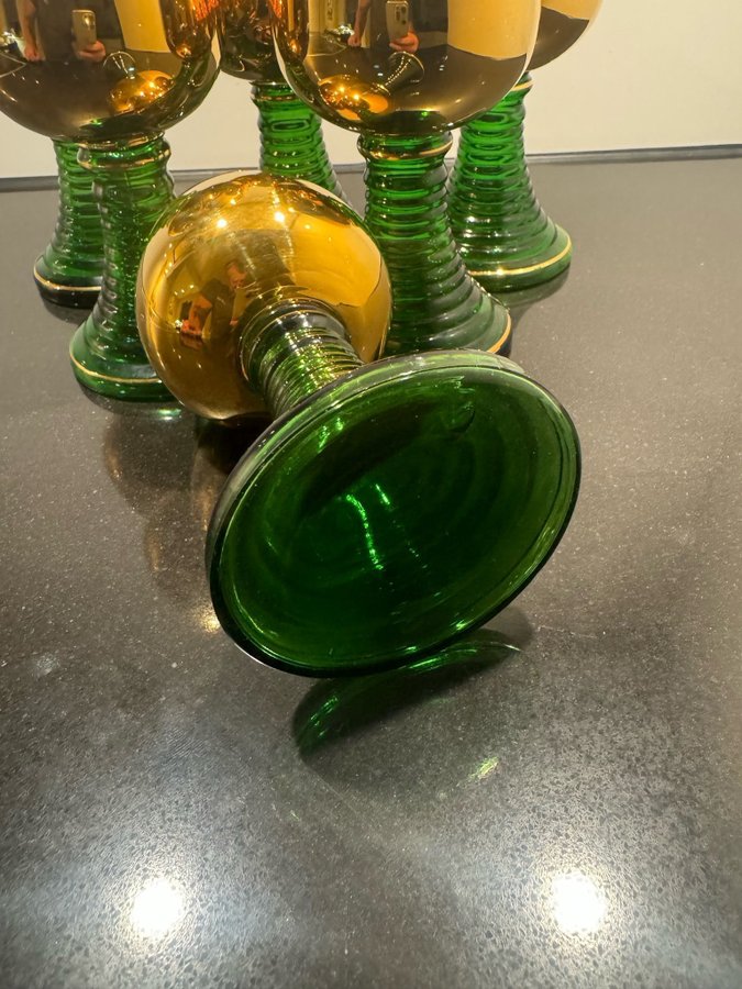 6 st Green Gold Roemer Wine Goblets Made in Germany