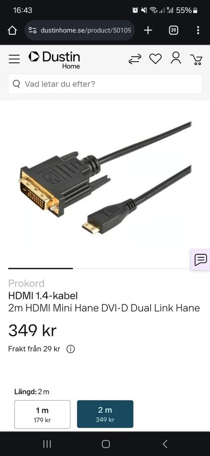 HDMI 1.4-kabel 2m HDMI Mini Hane DVI-D Dual Link Hane