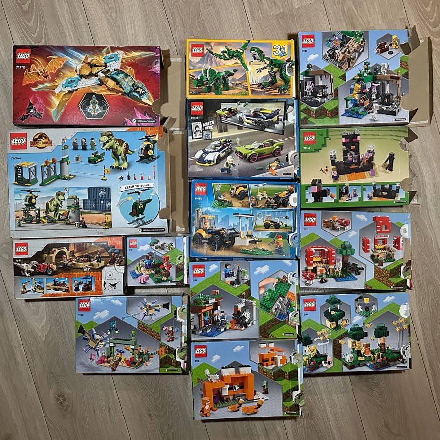 Lego-kartongpaket - 15 tomma kartonger med bla Minecraft, Jurassic World mm