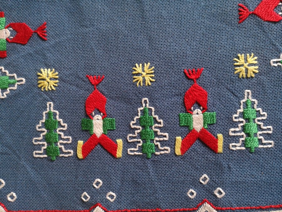 Mysig retroduk till jul. Broderad. Dalablå. 33x33cm. Troligen linne.