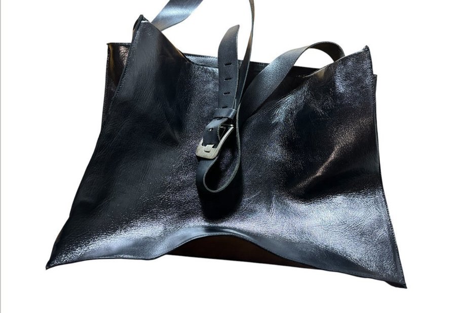 XXXL sized semi patent black leather hobo bag