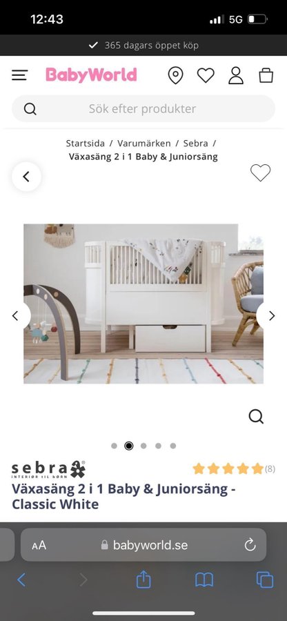 Sebra "Växasäng 2 i 1 Baby  Juniorsäng - Classic White" med tillbehör