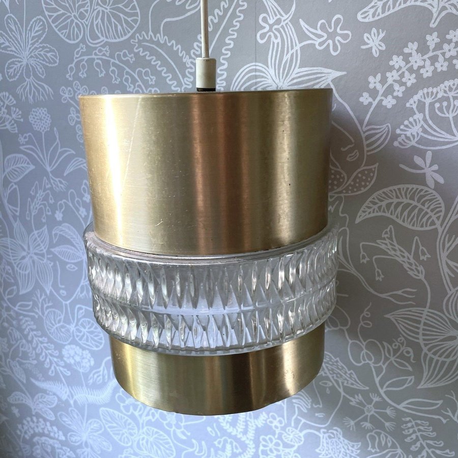 Retro / Vintage stor äldre ovanlig taklampa i metall guld/mässing och glas