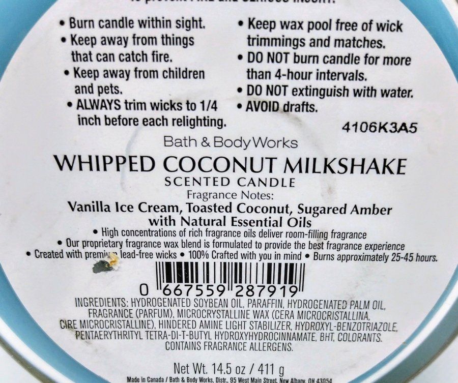 WHIPPED COCONUT MILKSHAKE Bath  Body Works 3 veks ljus