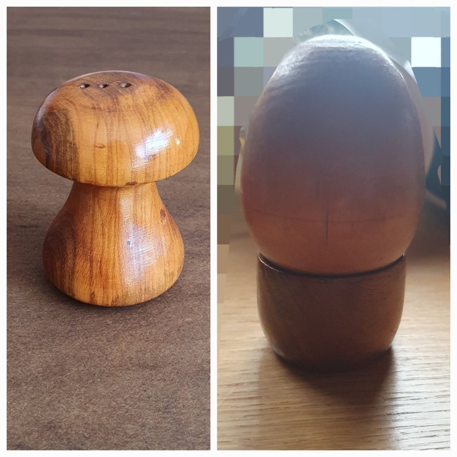 Retro / Vintage: Äggkopp + Träägg + Saltkar i Teak