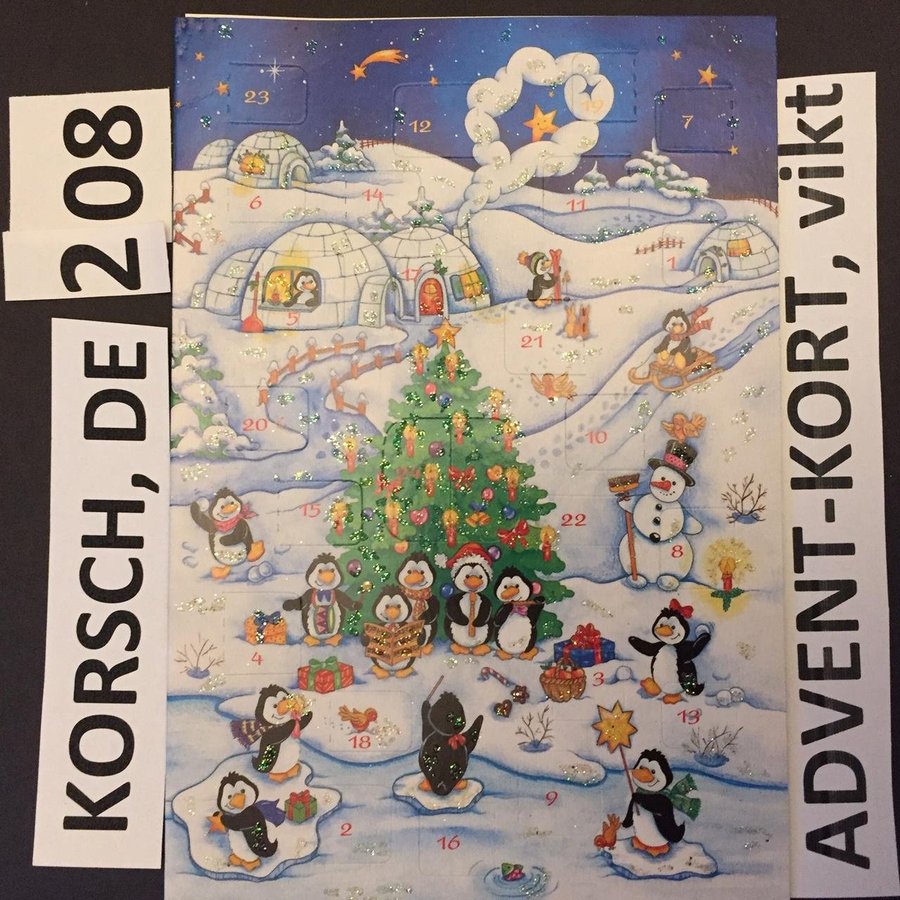 KORSCH 208 Pingvin-gran. Vykort-Adventskalender m kuvert. 1990-2006. 12x17cm