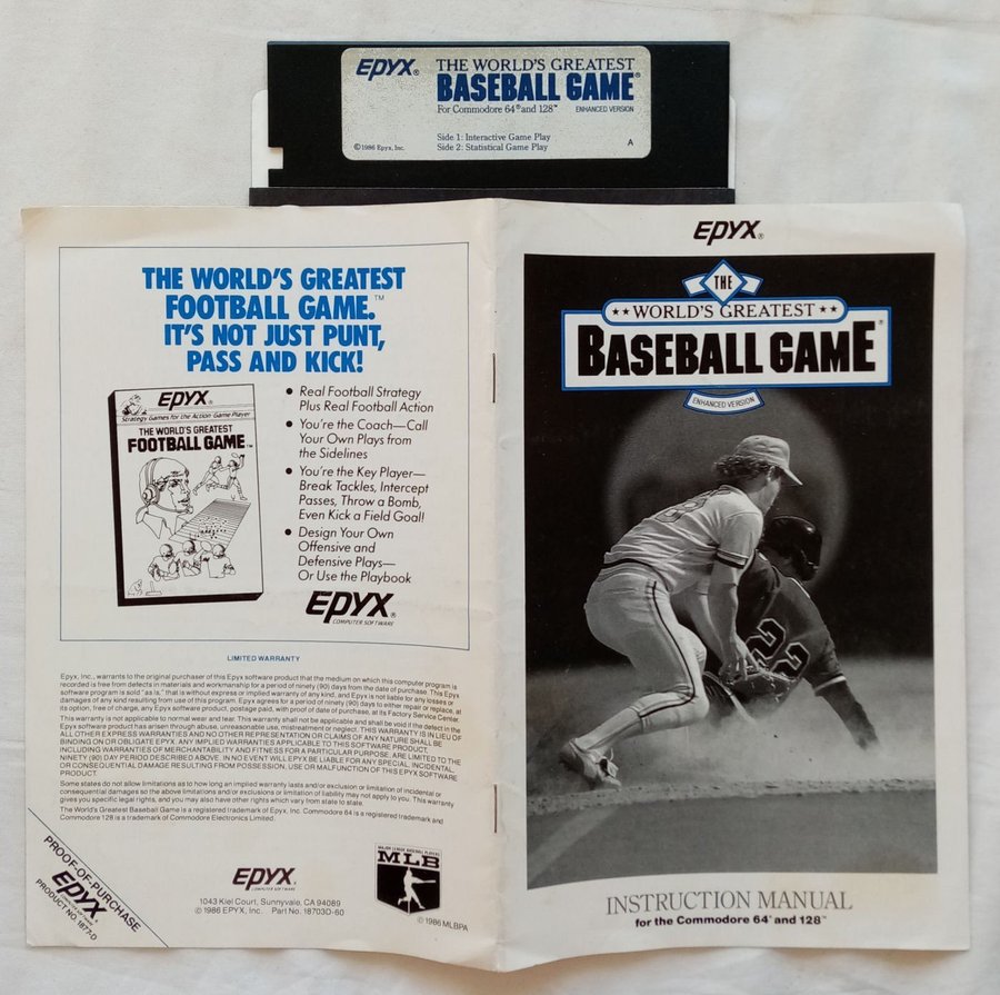 World's Greatest Baseball Game (Epyx) Disk + Manual >TESTAD- Commodore 64 / C64