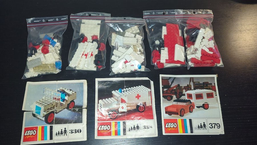 LEGO 330-3, 338-1, 379-2, Jeep, Ambulans  Bil med husvagn. Alla kompletta!