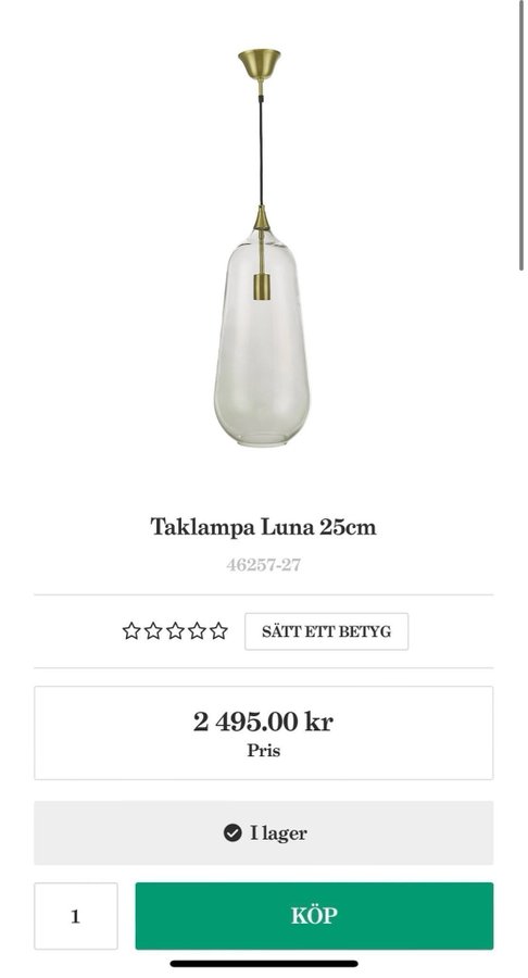 Oriva Exklusiv design lampa,Taklampa Luna från Oriva mässing, glas, nypris 2495