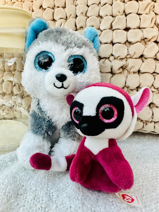 2 st Ty Beanie Boos - Husky ”Slush”  Lemur ”LeeAnn” nyckelring  necessär