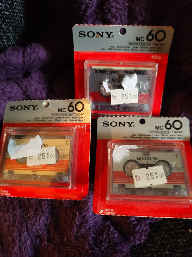 3 st Sony MC-60 Microcassette Kassetter (new old stock) (oanvända)