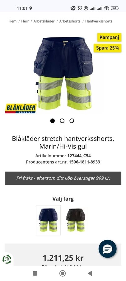 Blåkläder marinblå arbetsbyxor med gula reflexer, storlek L