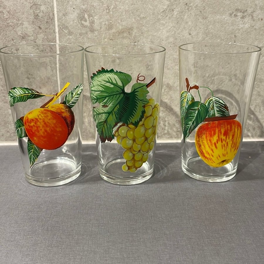 3st glas - Saftglas med Frukt motiv- Retro