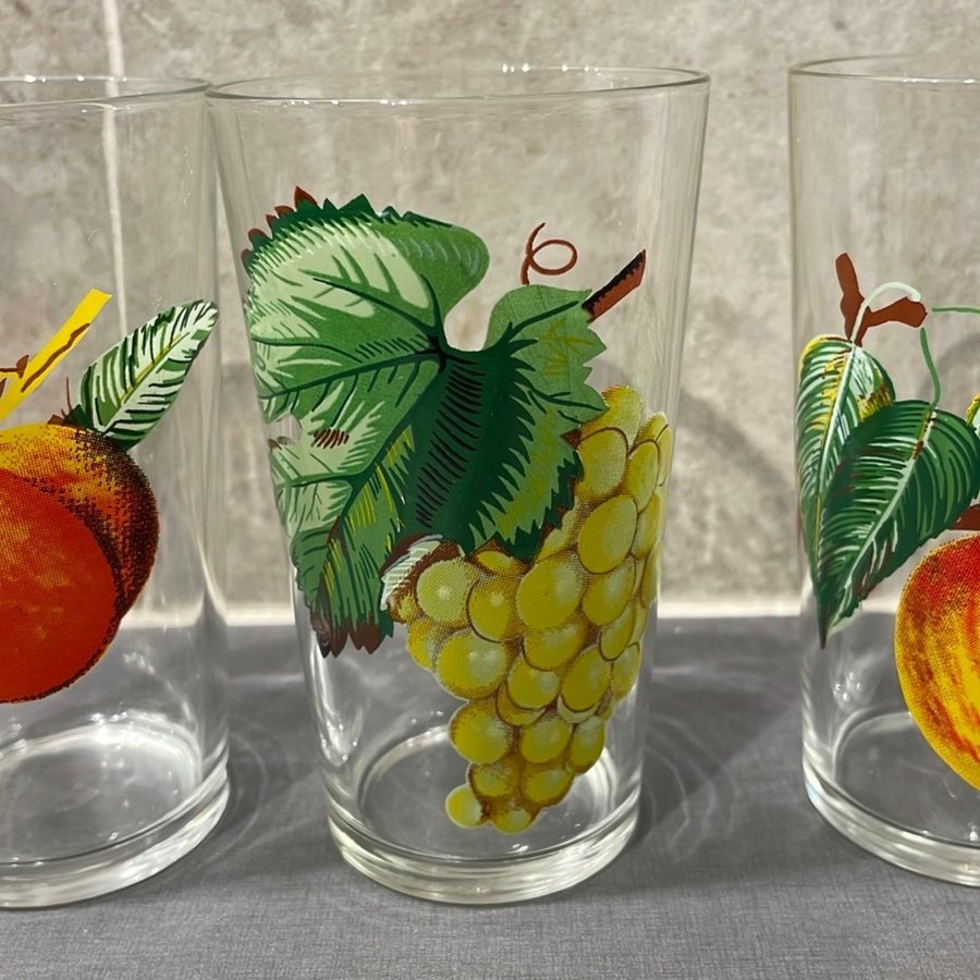 3st glas - Saftglas med Frukt motiv- Retro