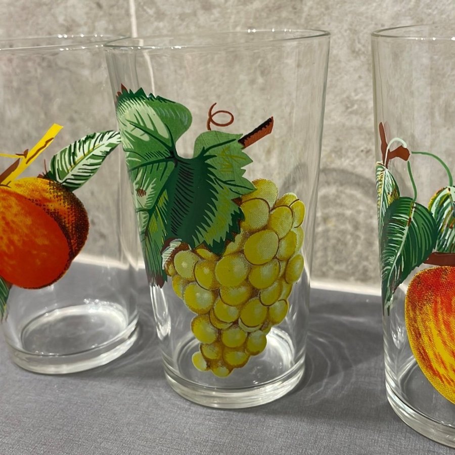 3st glas - Saftglas med Frukt motiv- Retro