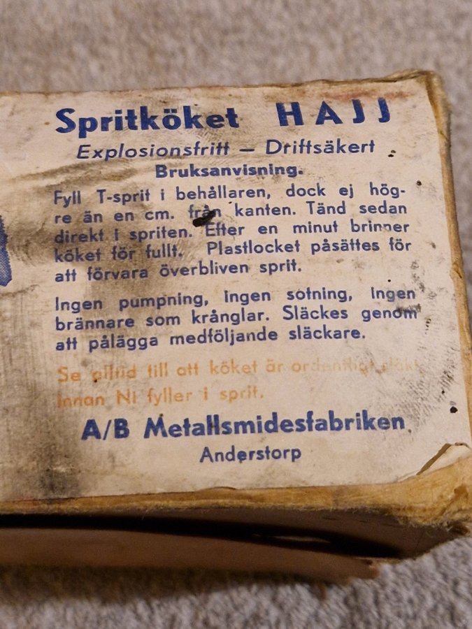 Gammalt spritkök HAJJ i originalförpackning