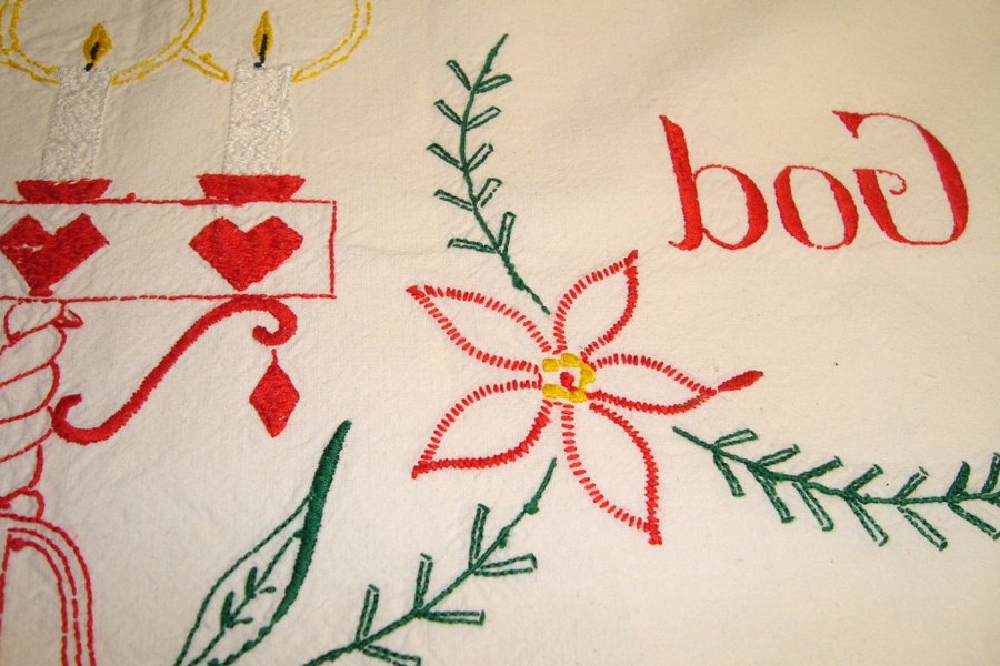 Retro handbroderad gammal julbonad God Jul Nostalgi Gammaldags jul