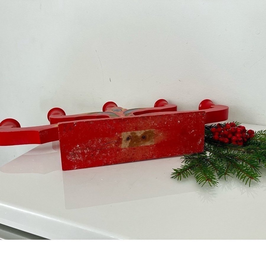 Röd jul ljusstake, 5 armar, kurbits, folklore, advent, handmålad, hantverk,